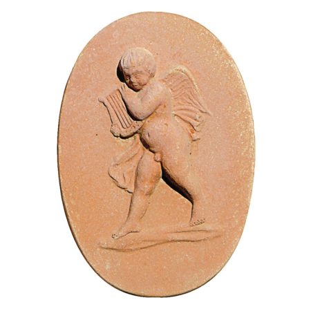 Oval decorative panel with holes for hanging, depicting Angel with a lyre. Modeling made in high relief. Handmade.