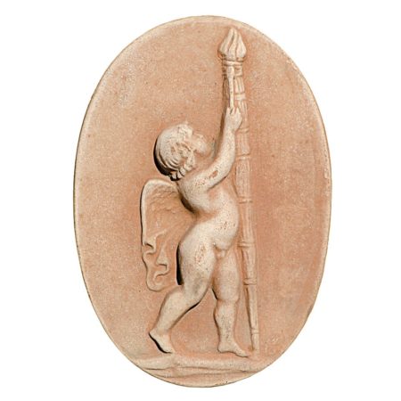 Oval decorative panel with holes for hanging, depicting Angel with torch. Modeling made in high relief. Handmade.