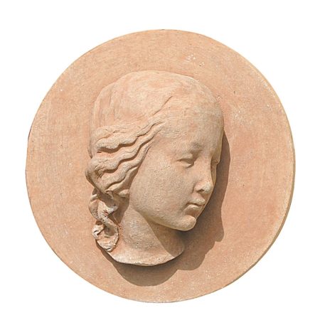 Round decorative panel with an angel's face with holes for hanging. Modeling made in high relief. Handmade, frost resistant.